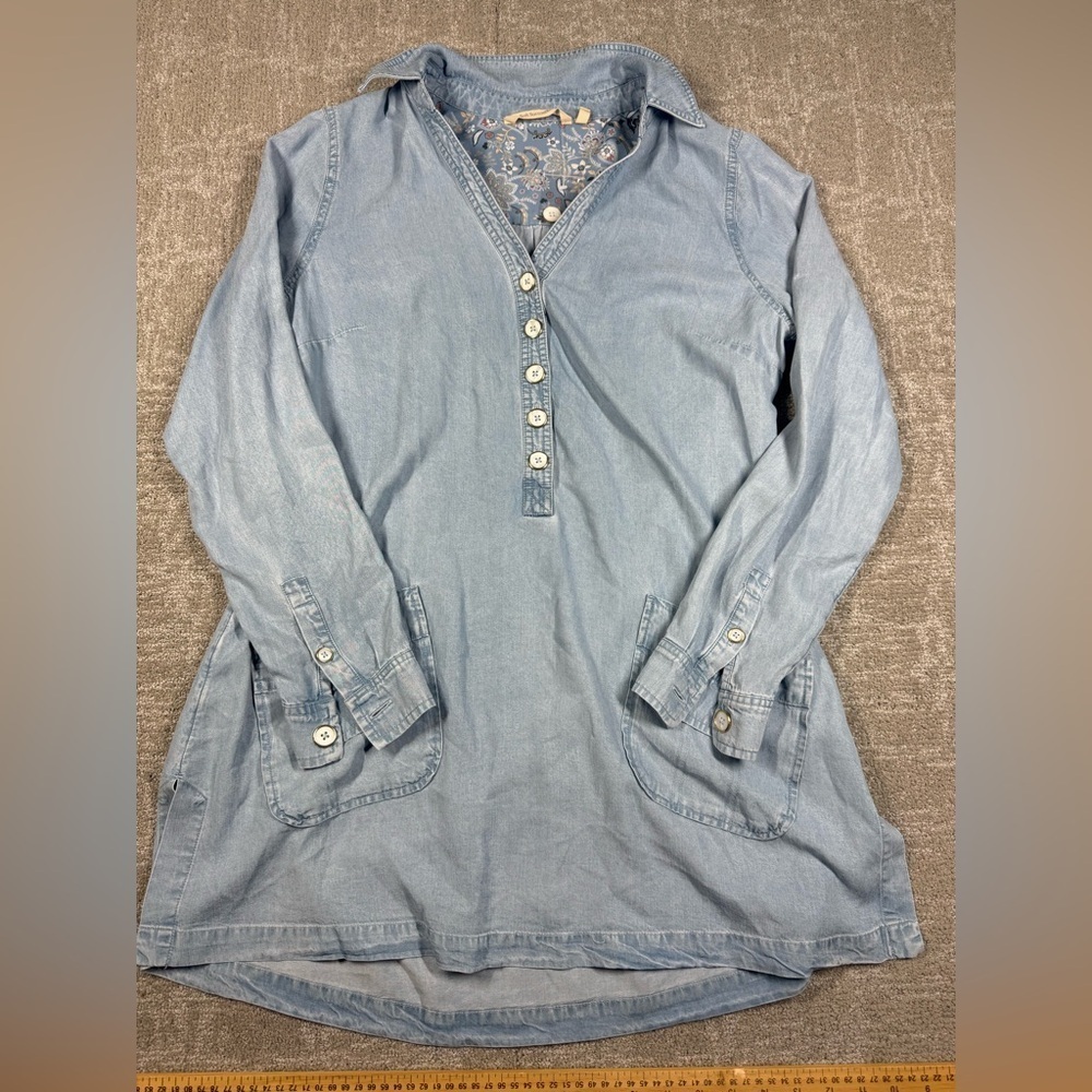 Soft Surroundings Long Sleeve Denim Chambray Spring Button Down Pop Over Dress M